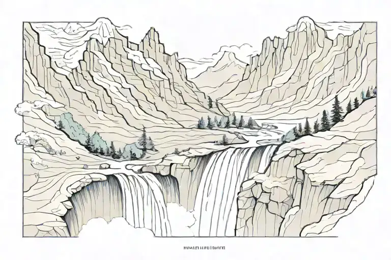 Mountain Range And Waterfall Flowing