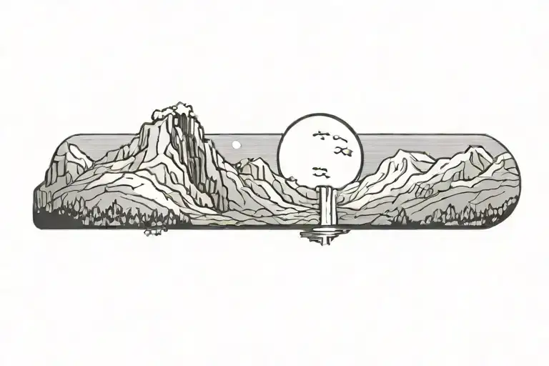 Mountain Range With Waterfall And Moon Surrounded
