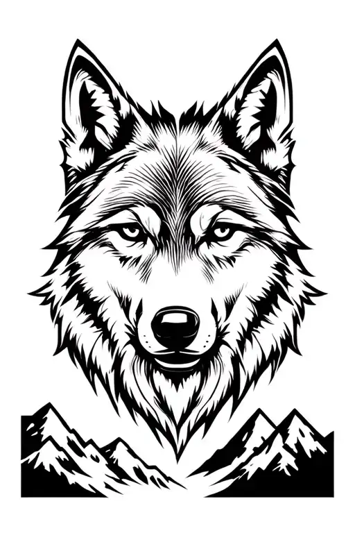 Wolf Face Tattoo Design With Mountains In The Background