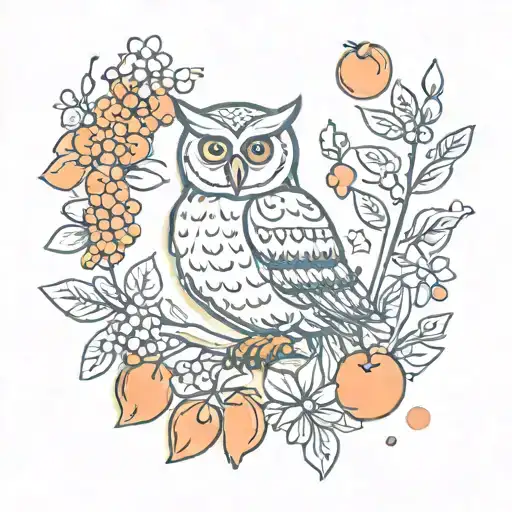 Simple Owl With Fruits And Flowers
