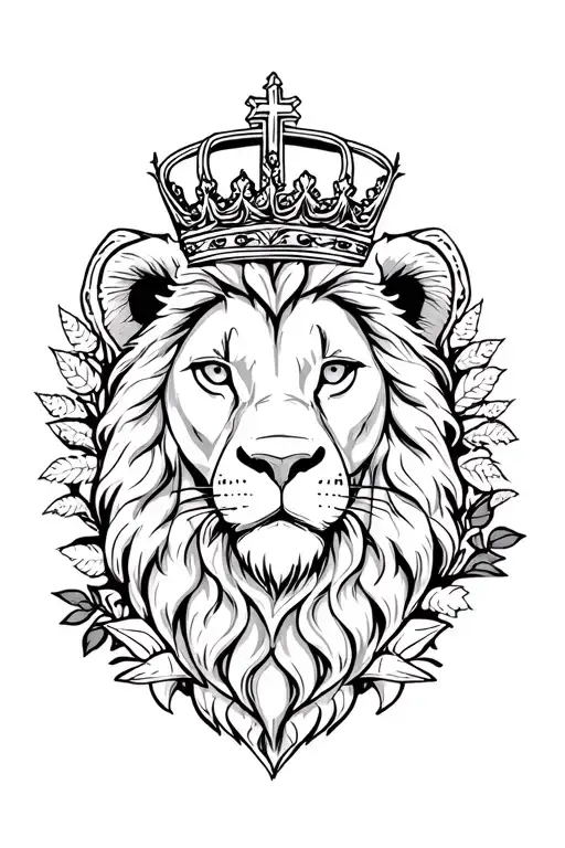 Lion With A Crown With A Cross Surrounded By Nature