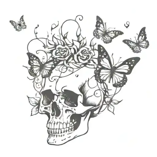 Skull And Butterflies With Vines
