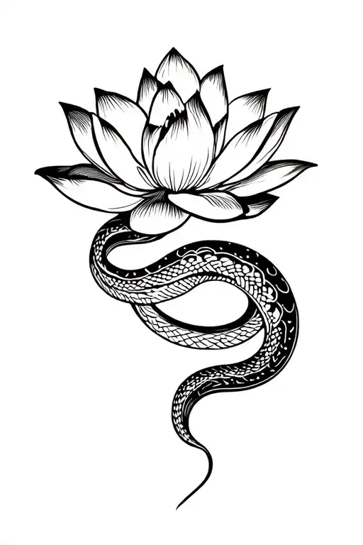 Lotus Flower Intertwined With A Snake Slithering