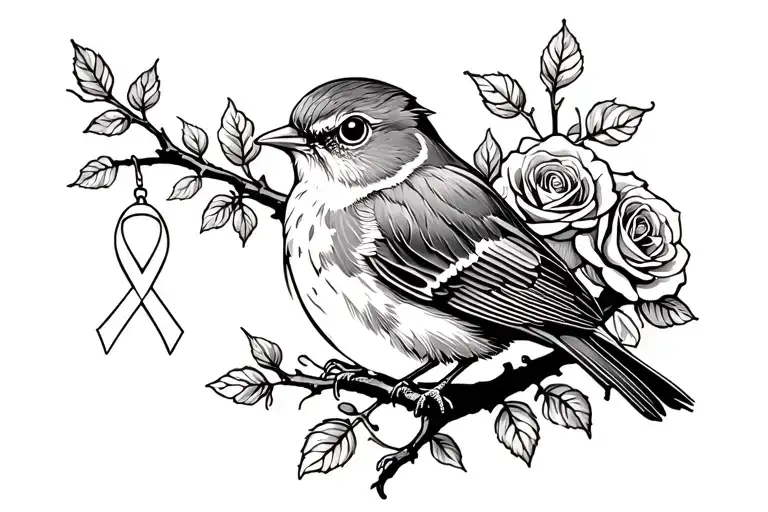 Robin Sitting On Branch With Roses Around It With A Cancer Ribbon Hanging On The Branch