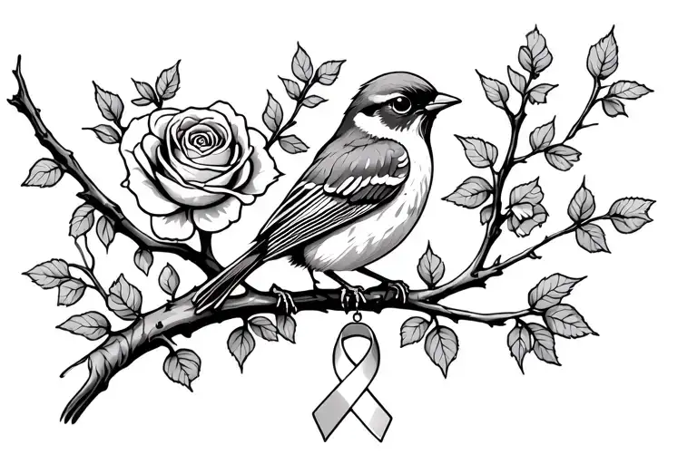 Robin Sitting On Branch With Roses Around It With A Cancer Ribbon Hanging On The Branch