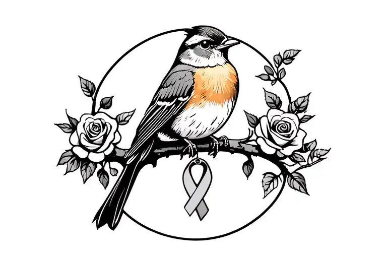 Robin Sitting On Branch With Roses Around It With A Cancer Ribbon Hanging On The Branch