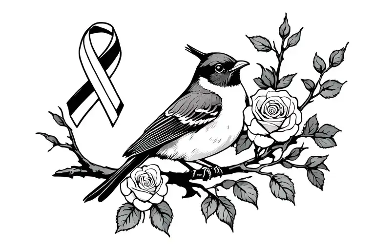 Robin Sitting On Branch With Roses Around It With A Cancer Ribbon Hanging On The Branch