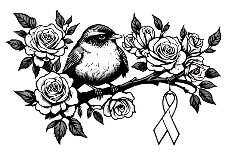 Robin Sitting On Branch With Roses Around It With A Cancer Ribbon Hanging On The Branch