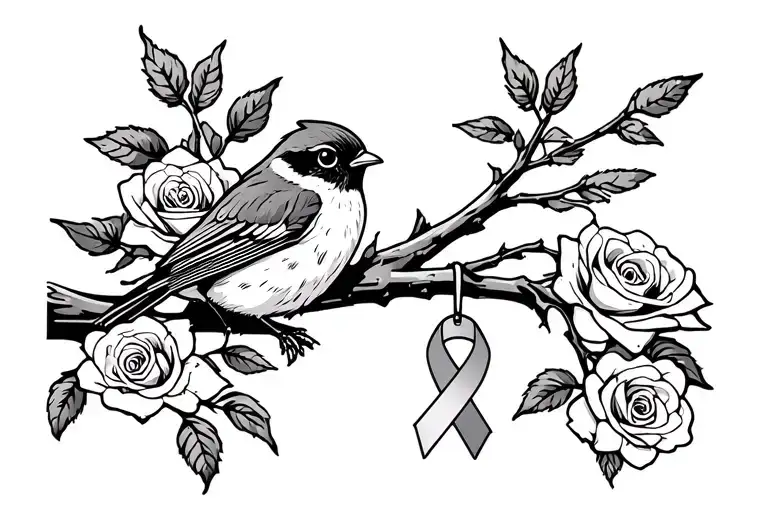 Robin Sitting On Branch With Roses Around It With A Cancer Ribbon Hanging On The Branch