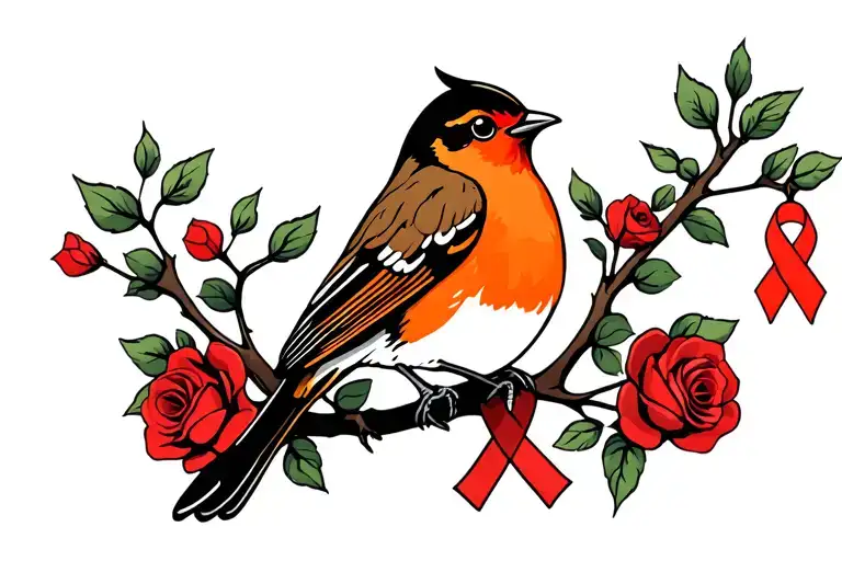 Orange Robin Sitting On Branch With Red Roses Around It With A Cancer Ribbon Hanging On The Branch