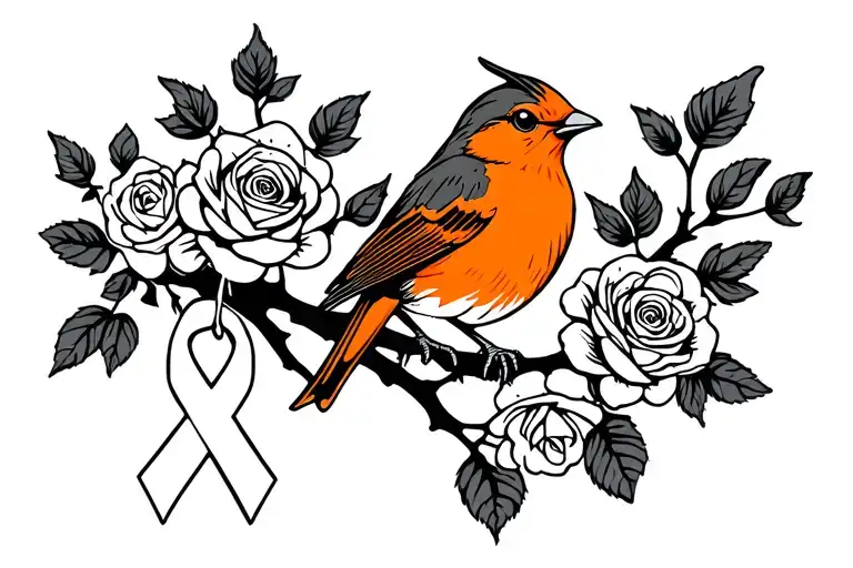 Orange Robin Sitting On Branch With Roses Around It With A Cancer Ribbon Hanging On The Branch