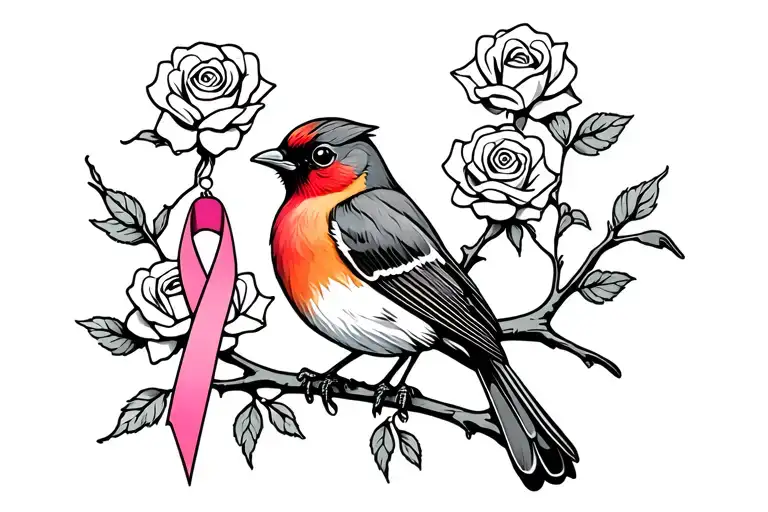 Colored Robin Sitting On Branch With Roses Around It With A Cancer Ribbon Hanging On The Branch