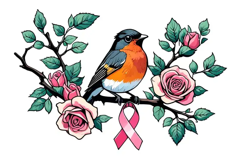 Colored Robin Sitting On Branch With Roses Around It With A Cancer Ribbon Hanging On The Branch