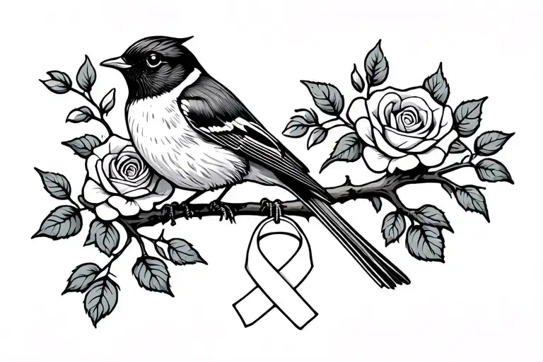 Colored Robin Sitting On Branch With Roses Around It With A Cancer Ribbon Hanging On The Branch