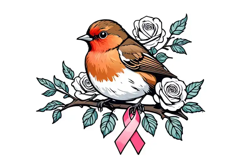 Colored Robin Sitting On Branch With Roses Around It With A Cancer Ribbon Hanging On The Branch