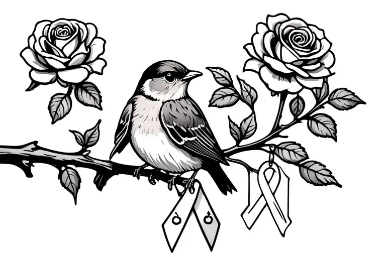 Colored Robin Sitting On Branch With Roses Around It With A Cancer Ribbon Hanging On The Branch