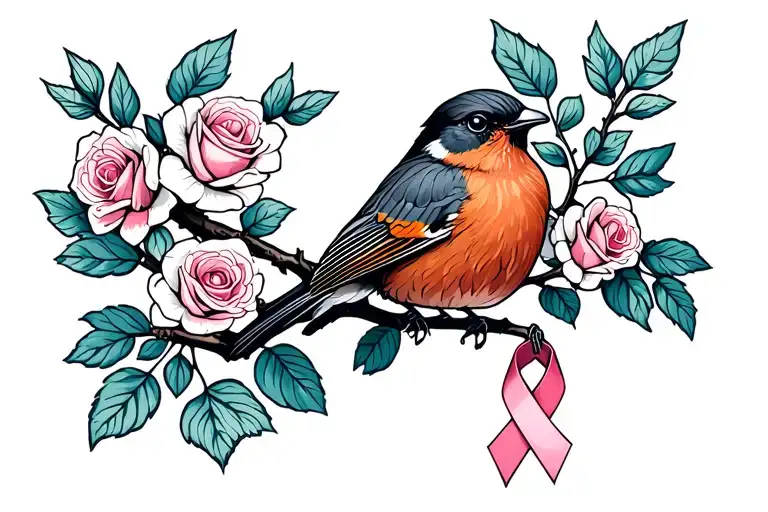 Colored Robin Sitting On Branch With Roses Around It With A Cancer Ribbon Hanging On The Branch