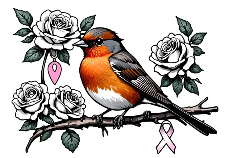 Colored Robin Sitting On Branch With Roses Around It With A Cancer Ribbon Hanging On The Branch
