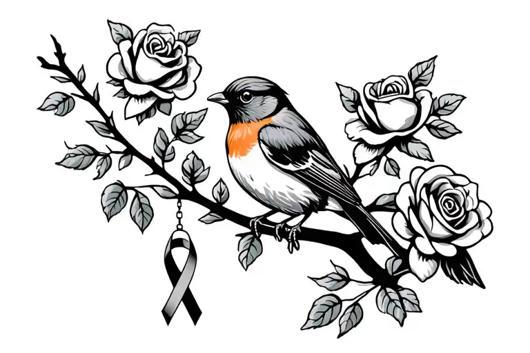 Colored Robin Sitting On Branch With Roses Around It With A Cancer Ribbon Hanging On The Branch