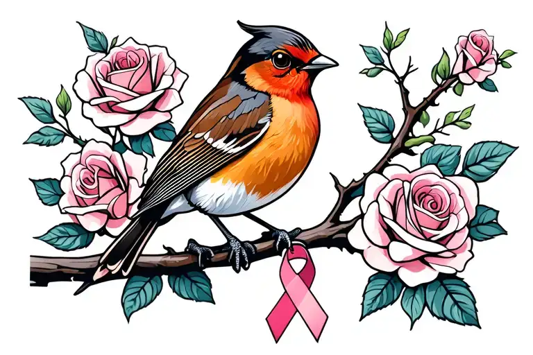 Colored Robin Sitting On Branch With Roses Around It With A Cancer Ribbon Hanging On The Branch
