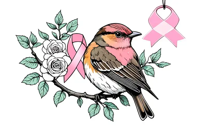 Colored Robin Sitting On Branch With Roses Around It With A Cancer Ribbon Hanging On The Branch