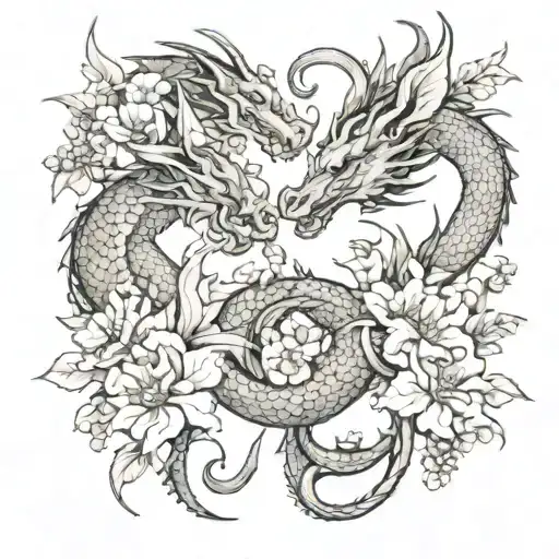 Dragon And Flowers Intertwined