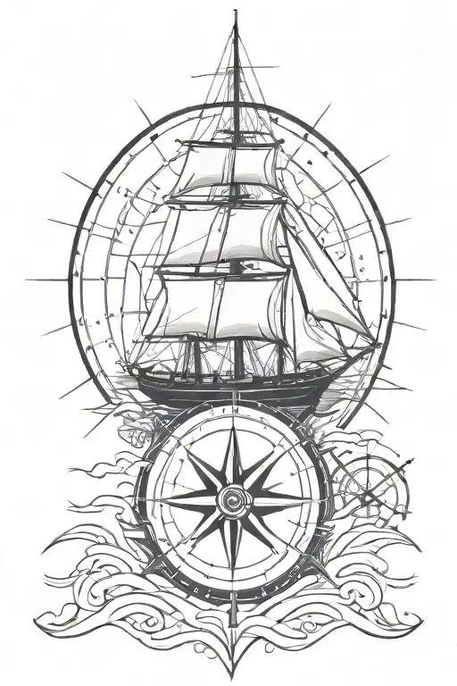 Sailing Ship Navigating And Compass Rose Surrounded