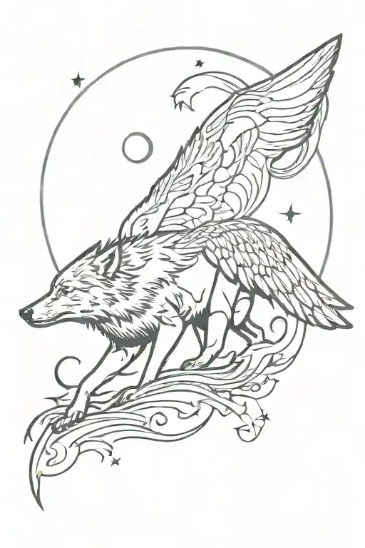 Wolf Dog With Wings And Sea At Back And Moon And Star