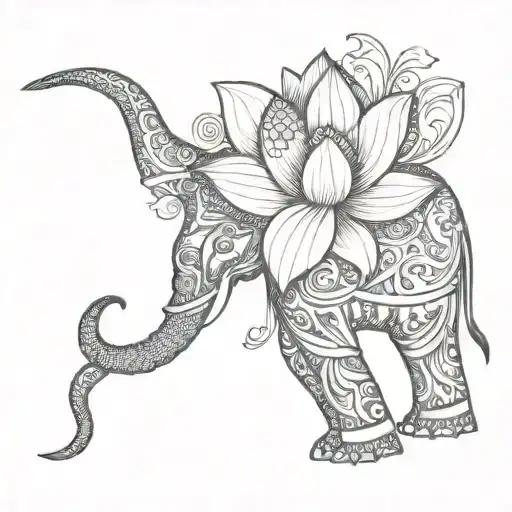 Lotus Flower With Stem Along The Spine With Half An Elephant Face In The Middle