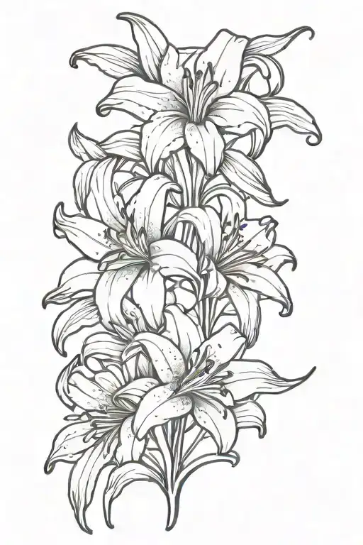 A Whimsical Partial Line Work Tattoo Of Lilly Flowers
