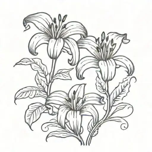 A Whimsical Partial Line Work Tattoo Of 2-3 Lilly Flowers On A Stem Or Vine