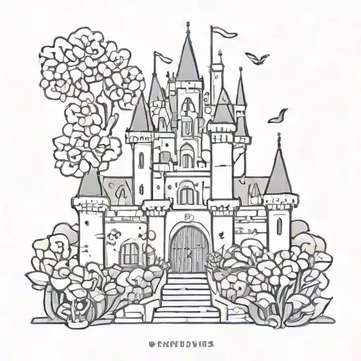 Disney Cartoon Mininalist Castle With Birth Flowers Surrounding