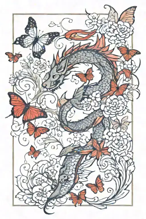 Red Dragon Floral Sleeve With Butterflies