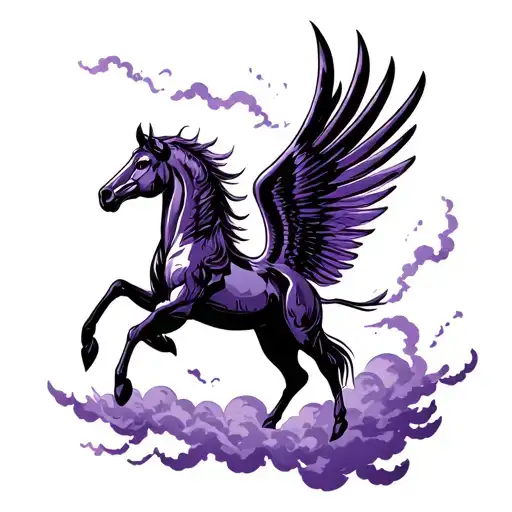 Realistic Dark Pegasus With Purple Assents On Its Hind Legs With Dark Clouds Around It