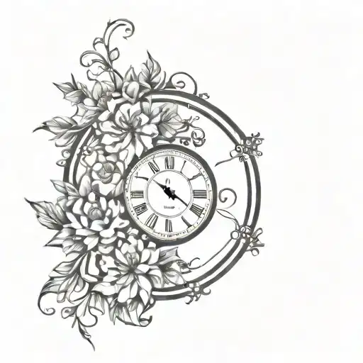 Mirror With Clock And Flowers Intertwined