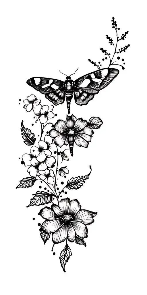Floral Sleeve With Moth And Dotwork