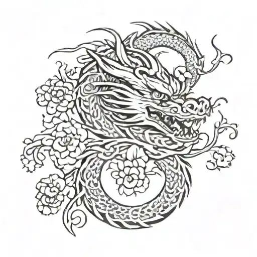 Red Chinese Dragon With Flowers