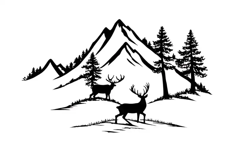 Mountain And Tree Tattoo With Deer At The Front