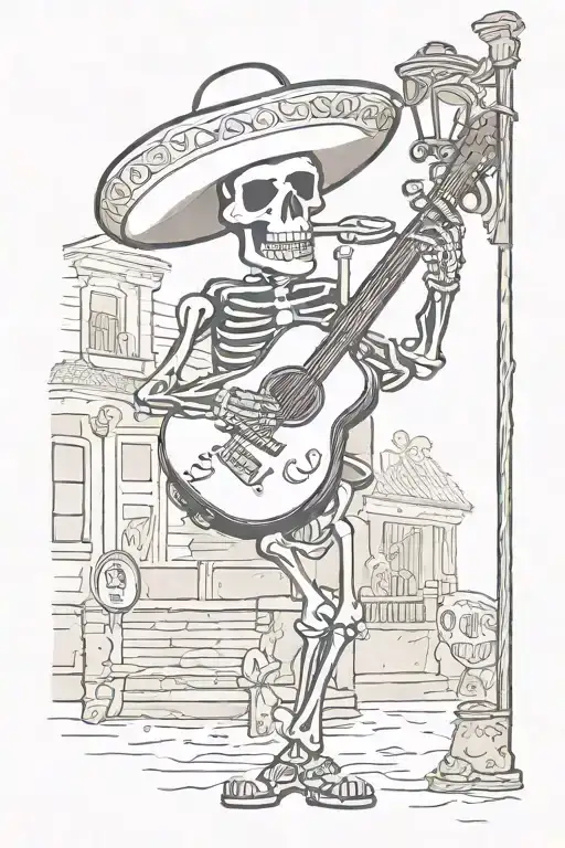 A Sad Mariachi Skeleton Playing Guitar Under A Street Light