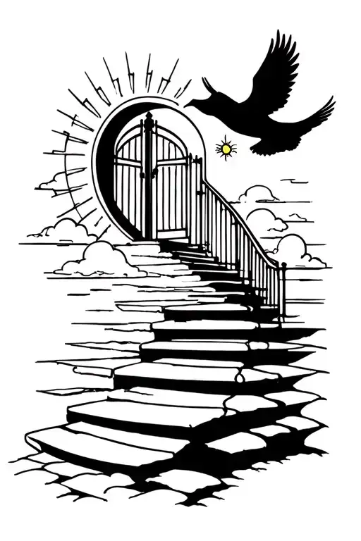 Stair Way To Heaven With Gates And A Dove And Sun And Clouds