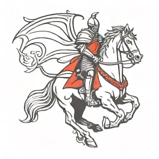 A Knight On A White Horse Kills A Dragon With A Spear Knight In Armor And A Red Cloak