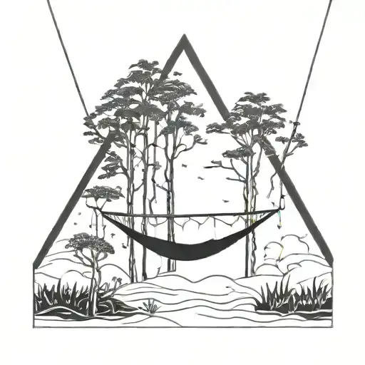 Three Hammocks Strung Up Between Two Trees In The Middle Of The Forest On A Moonlit Night
