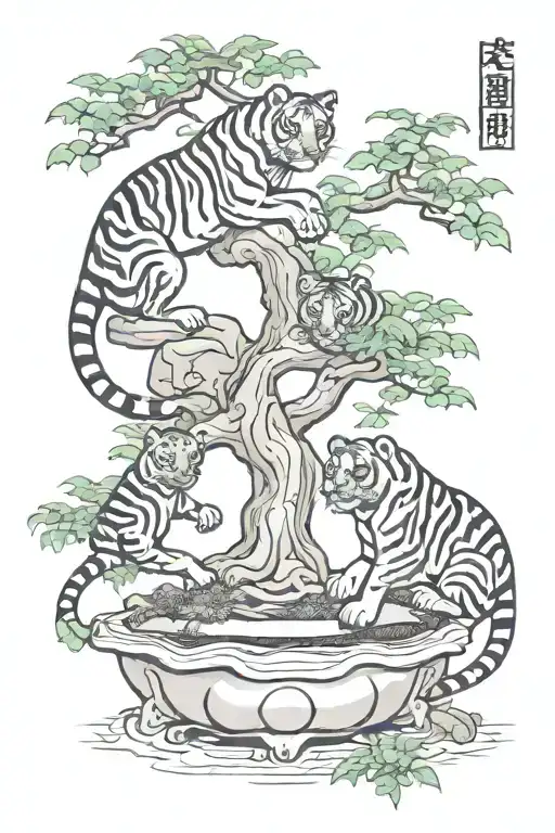 Bonsai Tree With Ying Yang Tigers
