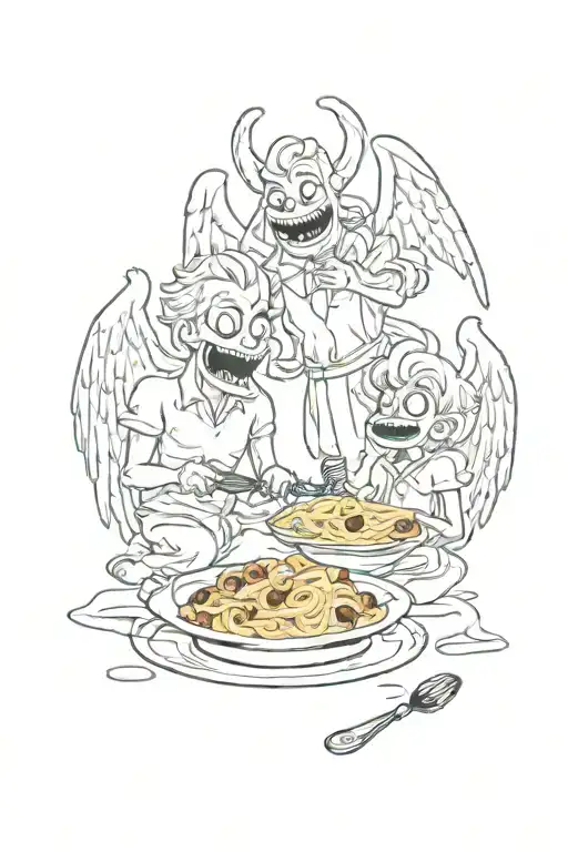 Demon And Angel Eating Pasta Dish Happy
