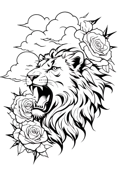 Lion Roaring With Clouds And Roses With Thorns Surrounding It