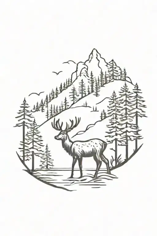 Lonely Deer In A Pine Forrest Mountain And River