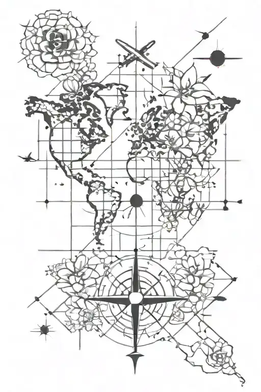 Plane Travel Map Grid Lines Flowers Compass