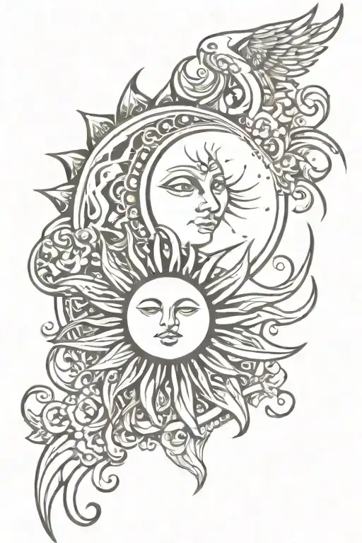 Sun And Moon Back Tattoo Design Featuring Elements