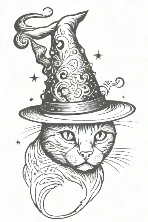 Detailed Full Body Cat With Witch Hat And Sparkles Around It