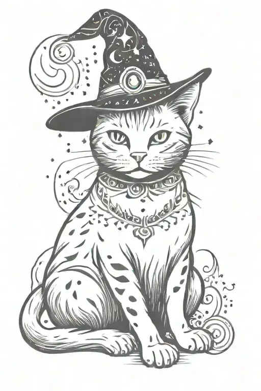 Detailed Full Body Cat With Witch Hat And Sparkles Around